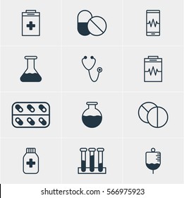 Vector Illustration Of 12 Medicine Icons. Editable Pack Of Round Tablet, Antibiotic, Pulse And Other Elements.