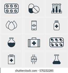 Vector Illustration Of 12 Medicine Icons. Editable Pack Of Experiment Flask, Trickle, Exigency And Other Elements.