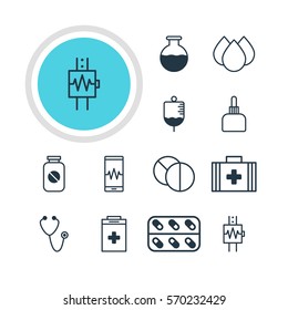Vector Illustration Of 12 Medicine Icons. Editable Pack Of Medicament Pitcher, Heartbeat, Phone Monitor And Other Elements.