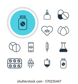 Vector Illustration Of 12 Medicine Icons. Editable Pack Of Heartbeat, Flask, Aspirin And Other Elements.