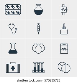 Vector Illustration Of 12 Medicine Icons. Editable Pack Of Flask, Round Tablet, Experiment Flask And Other Elements.