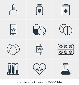 Vector Illustration Of 12 Medicine Icons. Editable Pack Of Flask, Aspirin, Round Tablet And Other Elements.
