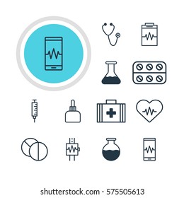 Vector Illustration Of 12 Medicine Icons. Editable Pack Of Medicament Pitcher, Round Tablet, Heart Rhythm And Other Elements.