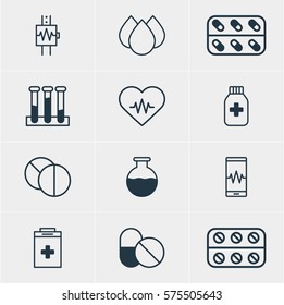 Vector Illustration Of 12 Medicine Icons. Editable Pack Of Medicine, Round Tablet, Phone Monitor And Other Elements.