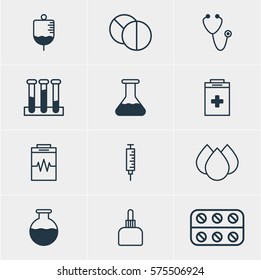 Vector Illustration Of 12 Medicine Icons. Editable Pack Of Pills, Medicament Pitcher, Trickle And Other Elements.