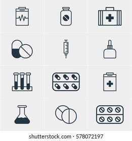 Vector Illustration Of 12 Medicine Icons. Editable Pack Of Pills, Antibiotic, Experiment Flask And Other Elements.