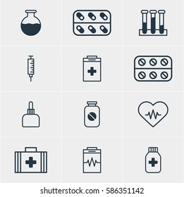 Vector Illustration Of 12 Medicine Icons. Editable Pack Of Medicine Jar, Pills, Experiment Flask And Other Elements.