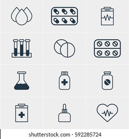 Vector Illustration Of 12 Medicine Icons. Editable Pack Of Round Tablet, Medicine Jar, Pills And Other Elements.