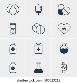 Vector Illustration Of 12 Medicine Icons. Editable Pack Of Heartbeat, Round Tablet, Aspirin And Other Elements.