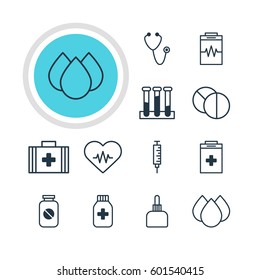 Vector Illustration Of 12 Medicine Icons. Editable Pack Of Experiment Flask, Aspirin, Treatment And Other Elements.