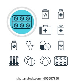 Vector Illustration Of 12 Medicine Icons. Editable Pack Of Experiment Flask, Medicine Jar, Pulse And Other Elements.