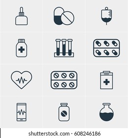 Vector Illustration Of 12 Medicine Icons. Editable Pack Of Antibody, Experiment Flask, Medicine Jar And Other Elements.