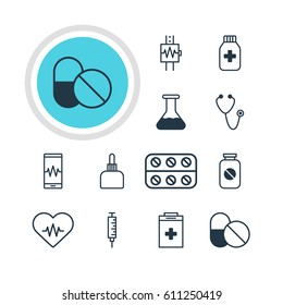 Vector Illustration Of 12 Medicine Icons. Editable Pack Of Flask, Heart Rhythm, Vaccinator And Other Elements.
