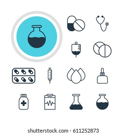 Vector Illustration Of 12 Medicine Icons. Editable Pack Of Antibiotic, Flask, Vial And Other Elements.