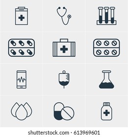 Vector Illustration Of 12 Medicine Icons. Editable Pack Of Pills, Medicine, Flask And Other Elements.