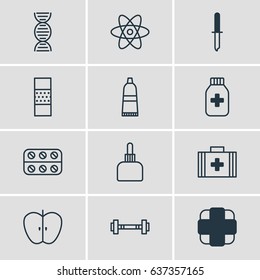 Vector Illustration Of 12 Medicine Icons. Editable Pack Of Medicament Pitcher, Tube, Pipette And Other Elements.