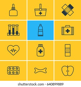 Vector Illustration Of 12 Medicine Icons. Editable Pack Of Band Aid, Tube, Heart Rhythm Elements.