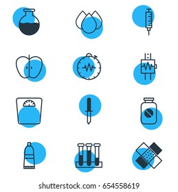 Vector Illustration Of 12 Medicine Icons. Editable Pack Of Pressure Gauge, Fresh Fruit, Heartbeat And Other Elements.