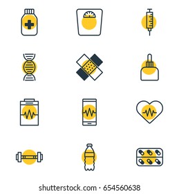 Vector Illustration Of 12 Medicine Icons. Editable Pack Of Phone Monitor, Dumbbell, Weighing And Other Elements.