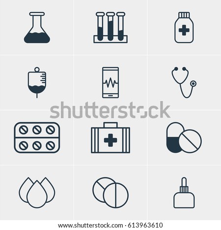 Vector Illustration Of 12 Medicine Icons. Editable Pack Of Medicine Jar, Antibiotic, Medicament Pitcher And Other Elements.