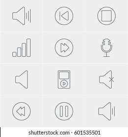 Vector Illustration Of 12 Melody Icons. Editable Pack Of Volume Up, Mp3, Pause And Other Elements.
