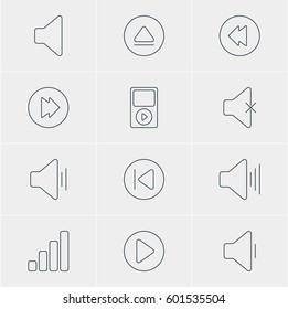 Vector Illustration Of 12 Melody Icons. Editable Pack Of Decrease Sound, Mp3, Start And Other Elements.