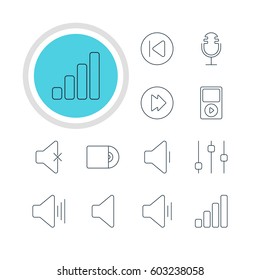 Vector Illustration Of 12 Melody Icons. Editable Pack Of Stabilizer, Mic, Mp3 And Other Elements.