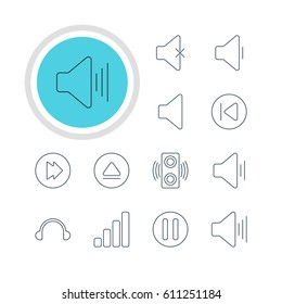 Vector Illustration Of 12 Melody Icons. Editable Pack Of Lag, Volume Up, Soundless And Other Elements.