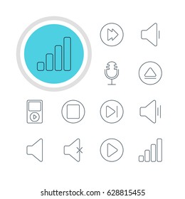 Vector Illustration Of 12 Melody Icons. Editable Pack Of Advanced, Soundless, Decrease Sound And Other Elements.