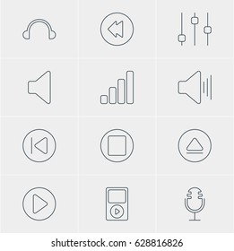 Vector Illustration Of 12 Melody Icons. Editable Pack Of Preceding, Reversing, Rewind And Other Elements.