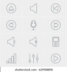 Vector Illustration Of 12 Melody Icons. Editable Pack Of Speaker, Rewind, Preceding And Other Elements.
