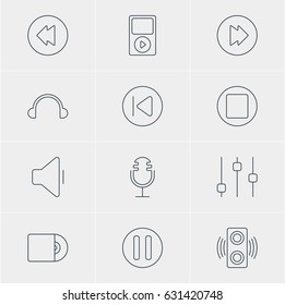 Vector Illustration Of 12 Melody Icons. Editable Pack Of Mike, Preceding, Stabilizer And Other Elements.