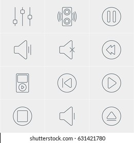 Vector Illustration Of 12 Melody Icons. Editable Pack Of Pause, Rewind, Soundless And Other Elements.