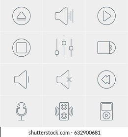 Vector Illustration Of 12 Melody Icons. Editable Pack Of Pause, Reversing, Decrease Sound And Other Elements.