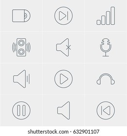 Vector Illustration Of 12 Melody Icons. Editable Pack Of Start, Lag, Amplifier And Other Elements.