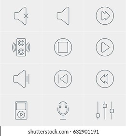 Vector Illustration Of 12 Melody Icons. Editable Pack Of Start, Reversing, Speaker And Other Elements.