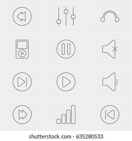 Vector Illustration Of 12 Melody Icons. Editable Pack Of Soundless, Preceding, Reversing And Other Elements.