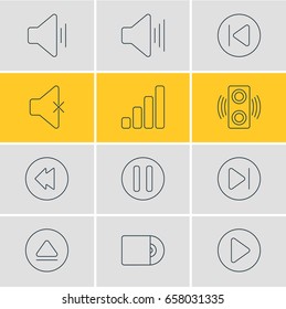 Vector Illustration Of 12 Melody Icons. Editable Pack Of Amplifier, Rewind, Volume Up And Other Elements.