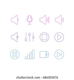 Vector Illustration Of 12 Melody Icons. Editable Pack Of Lag, Volume Up, Start And Other Elements.