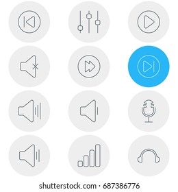 Vector Illustration Of 12 Melody Icons. Editable Pack Of Stabilizer, Volume Up, Start And Other Elements.