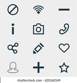 Vector Illustration Of 12 Member Icons. Editable Pack Of Handset, Pen , Access Denied Elements.