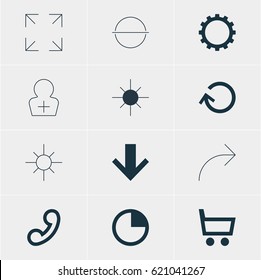 Vector Illustration Of 12 Member Icons. Editable Pack Of Cogwheel, Downward, Sunshine And Other Elements.