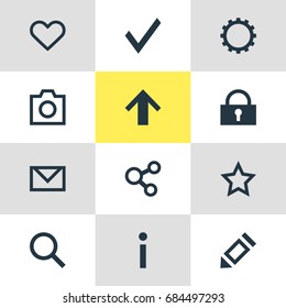 Vector Illustration Of 12 Member Icons. Editable Pack Of Heart, Confirm, Magnifier And Other Elements.