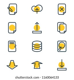 Vector illustration of 12 memory icons line style. Editable set of copy, database, arrow down and other icon elements.