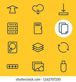 Vector illustration of 12 memory icons line style. Editable set of password, category, hard drive disk and other icon elements.