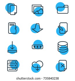 Vector Illustration Of 12 Memory Icons. Editable Pack Of Dossier, Database, Remove And Other Elements.