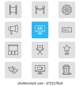 Vector Illustration Of 12 Movie Icons. Editable Pack Of Resolution, Shooting Seat, Tragedy And Other Elements.