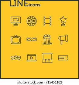 Vector Illustration Of 12 Movie Icons. Editable Pack Of Snack, Reward, Slideshow And Other Elements.