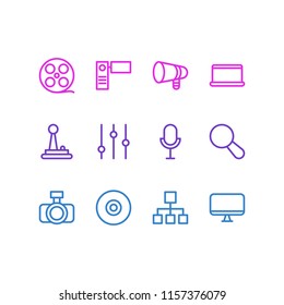 Vector illustration of 12 music icons line style. Editable set of monitor, joystick, video cam and other icon elements.