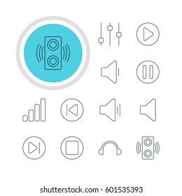 Vector Illustration Of 12 Music Icons. Editable Pack Of Subsequent, Preceding, Decrease Sound And Other Elements.